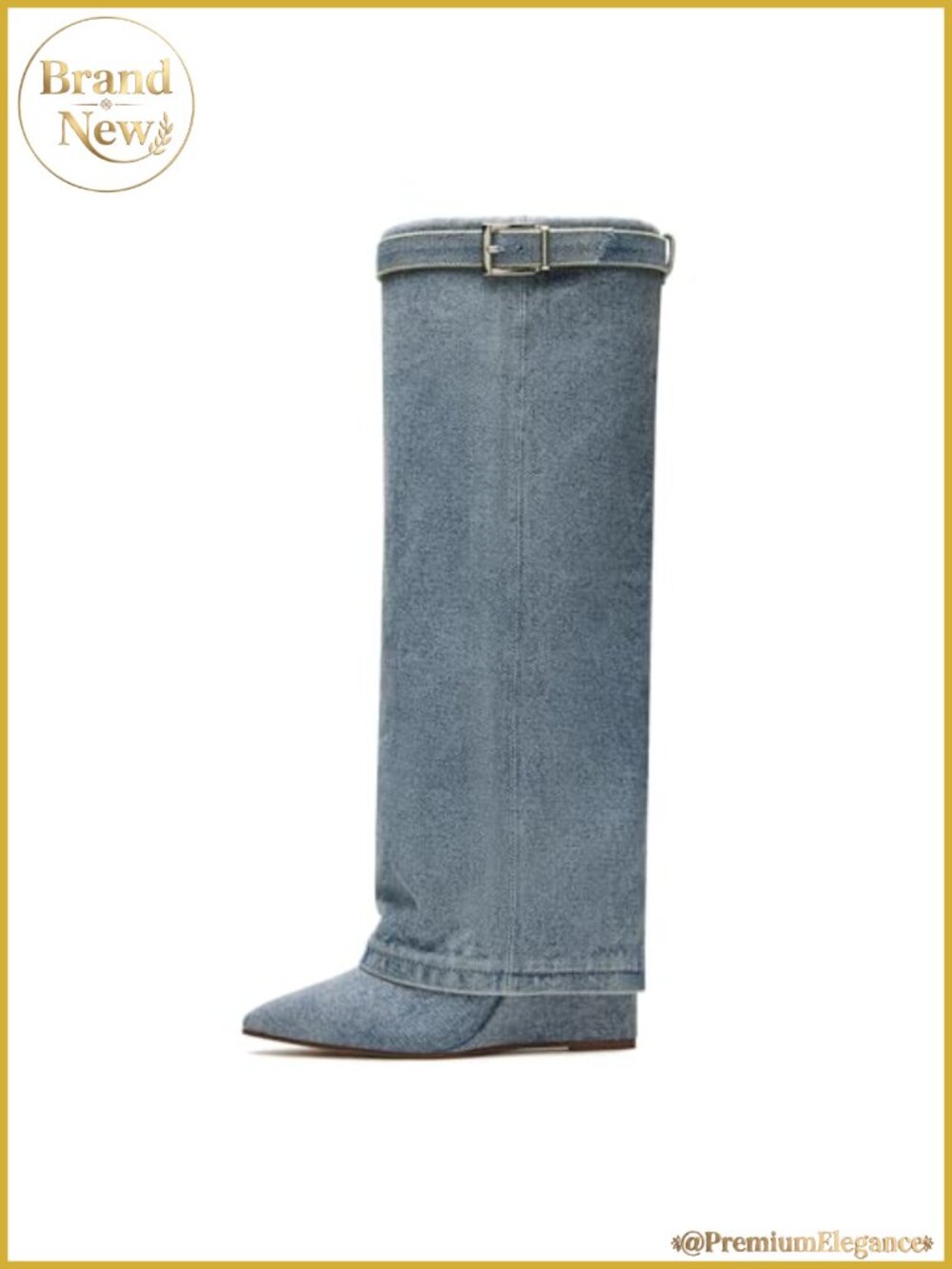 Wide Calf Fold Over Knee High Boots Pointed Toe Wedge Heel Metal Lock
